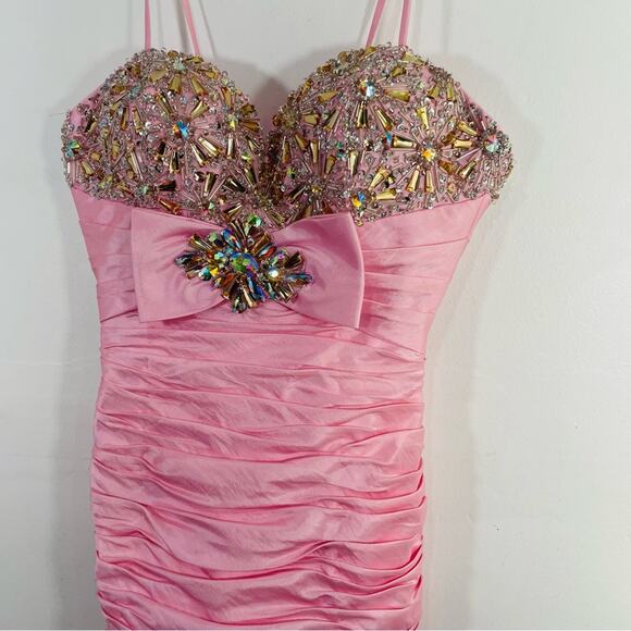 Tony Bowls Barbie Pink Beaded Jewel Sweetheart Pleated Mini Dress 0 Formal Prom - Picture 5 of 10